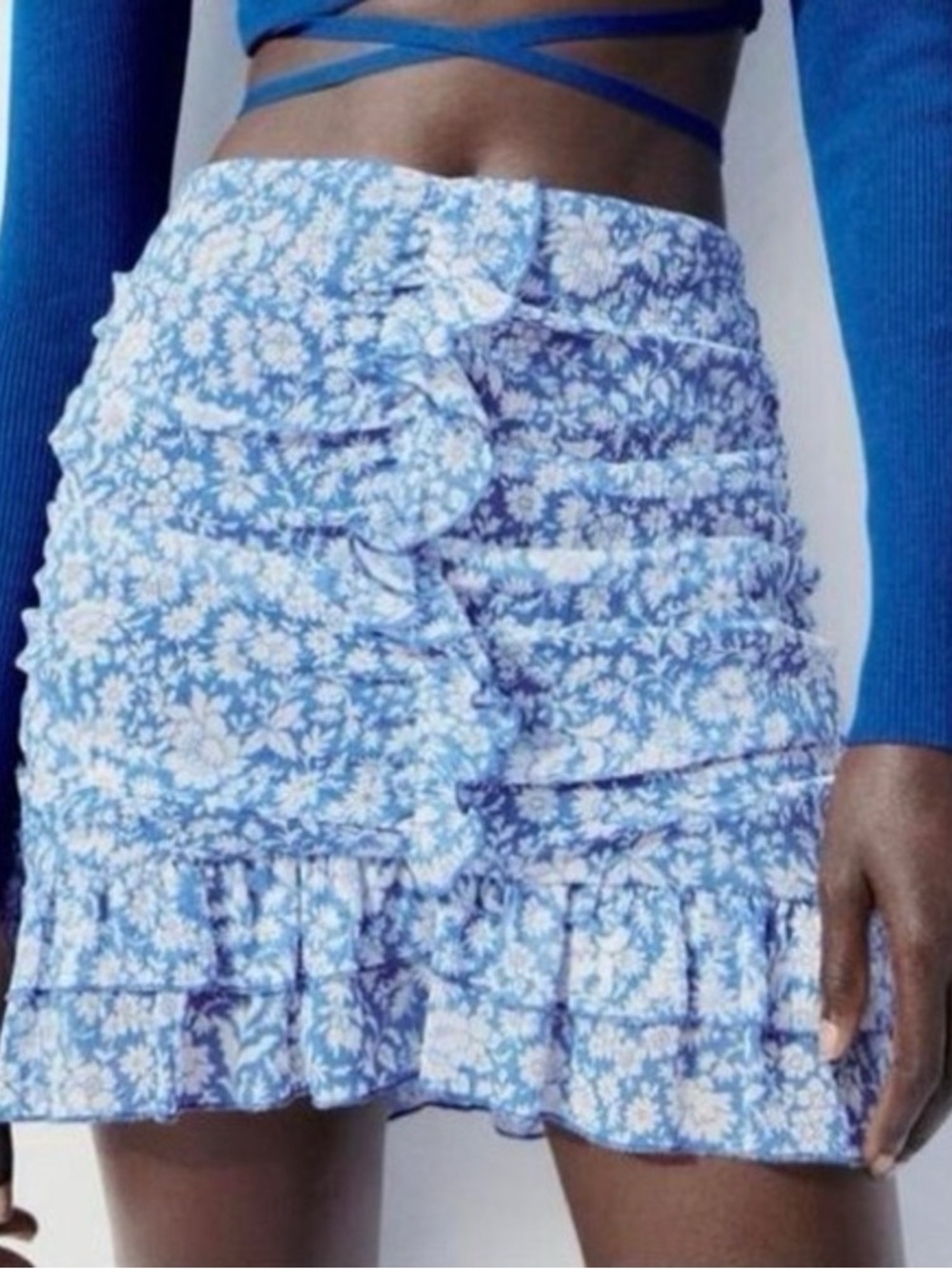 Zara Floral Ruffle Mini Skirt - Blue